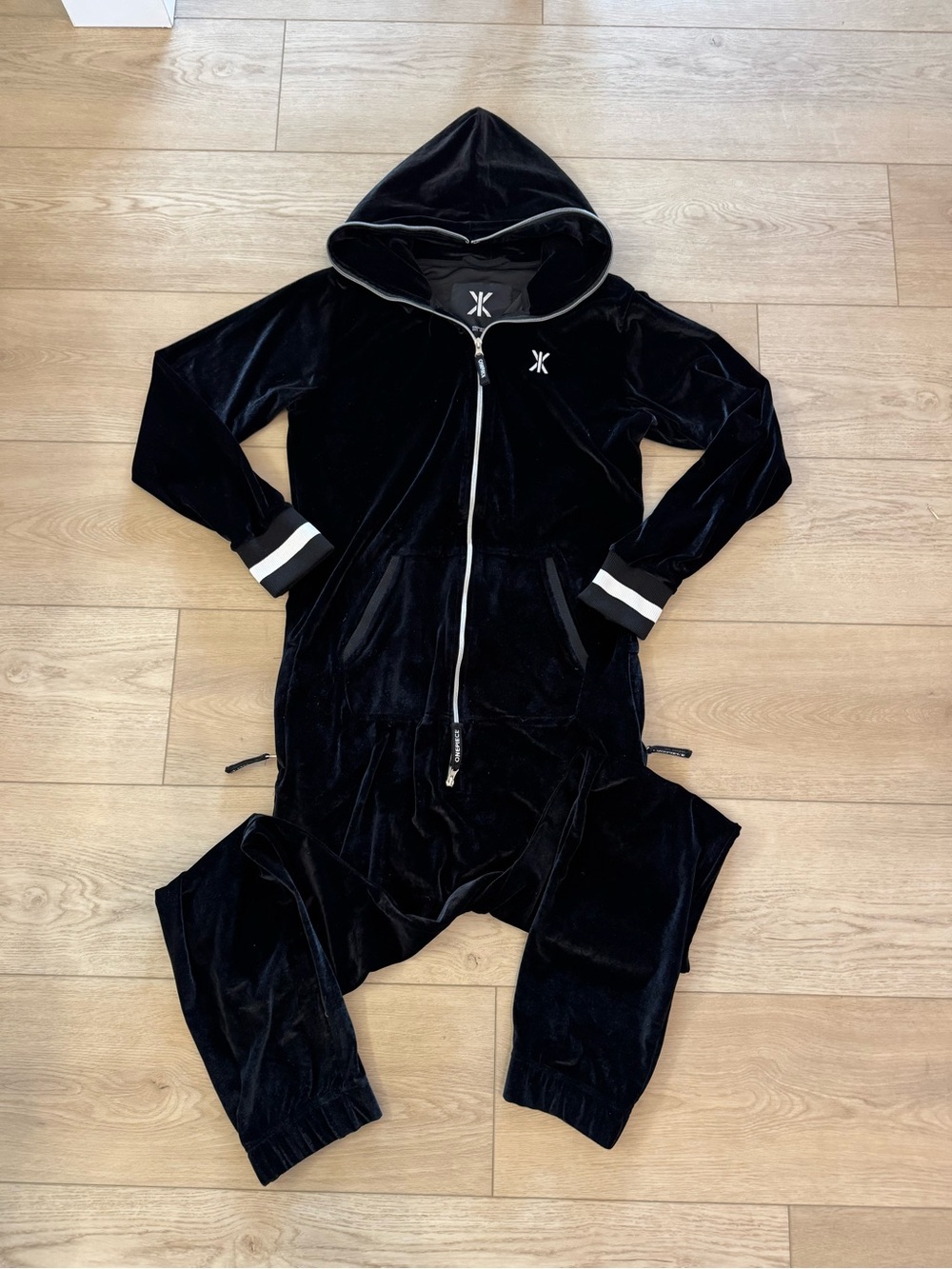 Onepiece Black Velour Hooded womens Pajama Onesie jumpsuit with White Trim